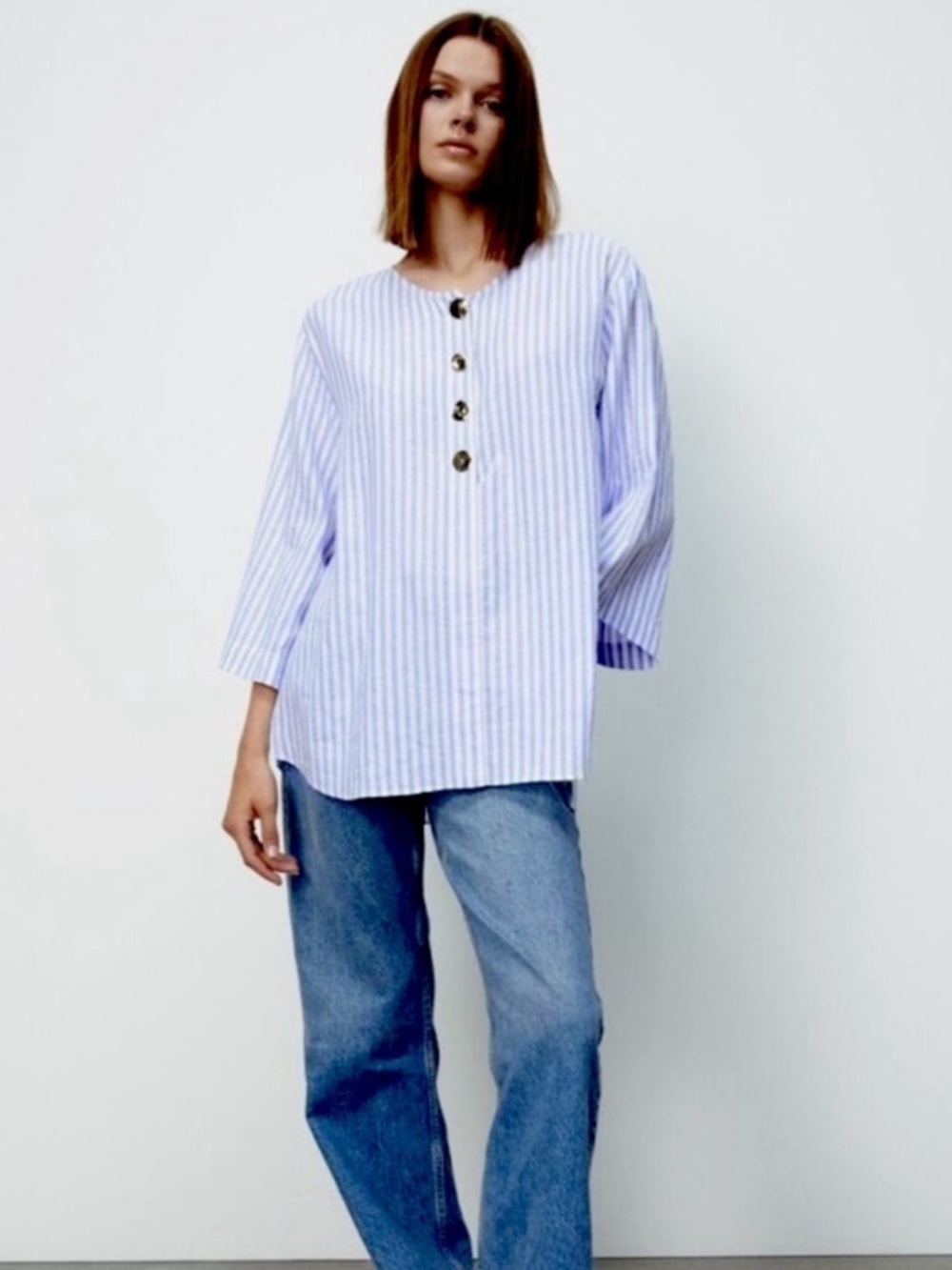 100% Linen Zara Preppy Sailor Beachy Blue & White Stripe Top Artsy Gold Buttons